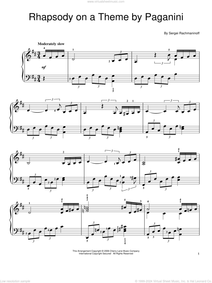 Rhapsody On A Theme Of Paganini, Variation XVIII, (easy) sheet music for piano solo by Serjeij Rachmaninoff, classical score, easy skill level