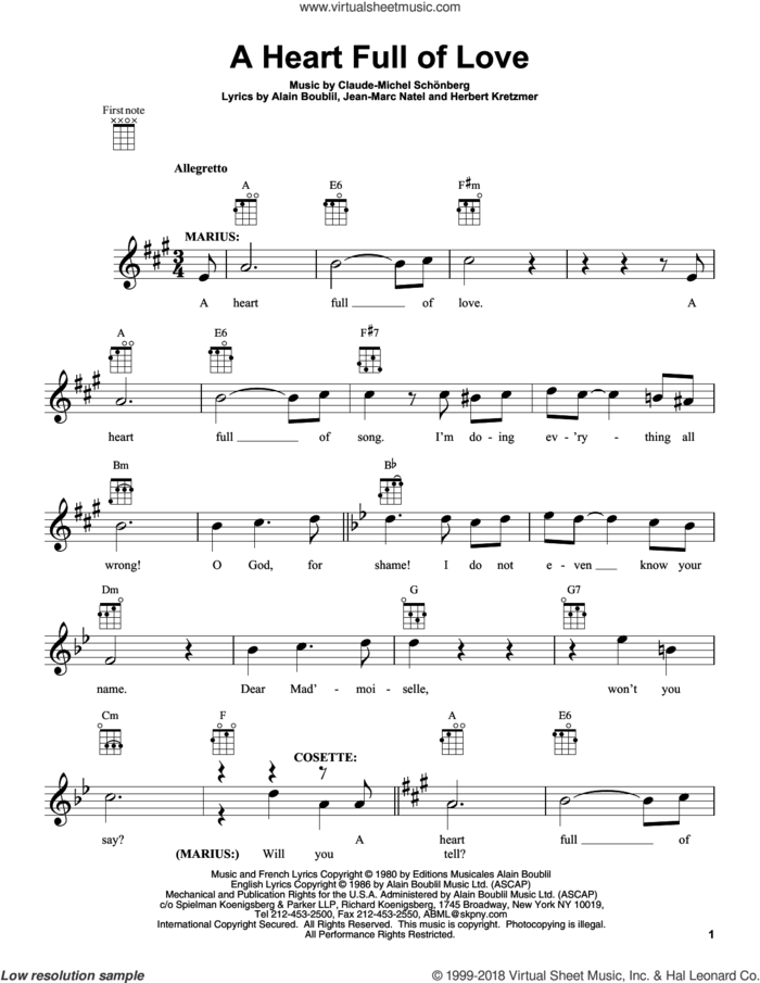 A Heart Full Of Love sheet music for ukulele by Alain Boublil, Claude-Michel Schonberg and Les Miserables (Movie), intermediate skill level