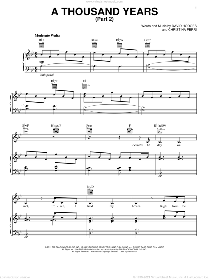 A Thousand Years (Part 2) sheet music for voice, piano or guitar by Christina Perri, David Hodges and Twilight: Breaking Dawn Part 2 (Movie), wedding score, intermediate skill level