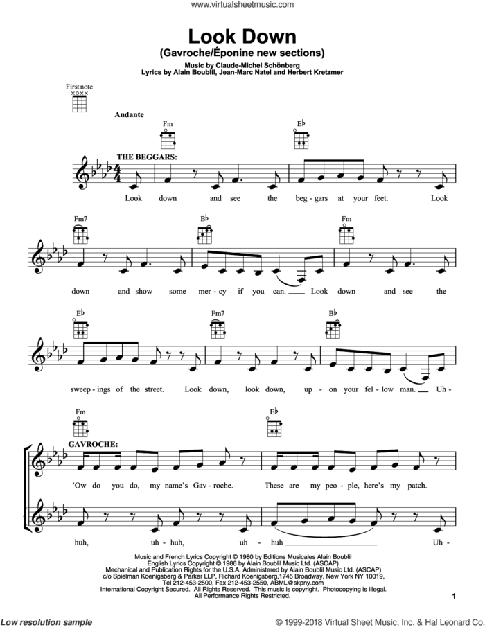 Look Down (Gavroche) sheet music for ukulele by Claude-Michel Schonberg, Alain Boublil and Les Miserables (Movie), intermediate skill level