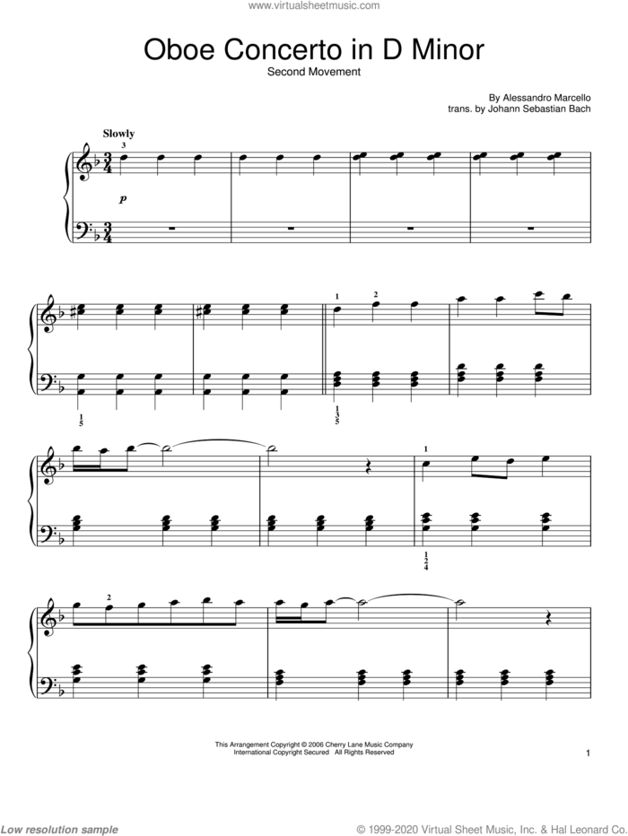 Adagio sheet music for piano solo by Alessandro Marcello and Johann Sebastian Bach, classical wedding score, easy skill level