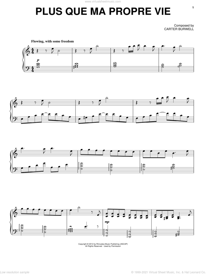 Plus Que Ma Propre Vie sheet music for voice, piano or guitar by Carter Burwell and Twilight: Breaking Dawn Part 2 (Movie), intermediate skill level