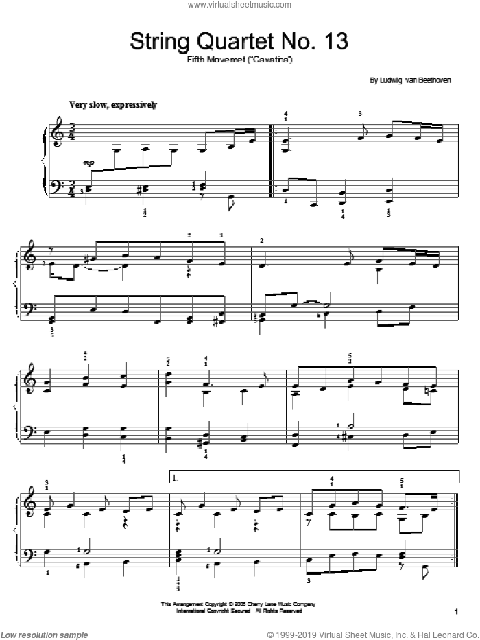 Cavatina sheet music for piano solo by Ludwig van Beethoven, classical score, easy skill level
