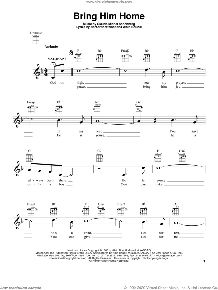 Bring Him Home sheet music for ukulele by Claude-Michel Schonberg, Alain Boublil and Les Miserables (Movie), intermediate skill level