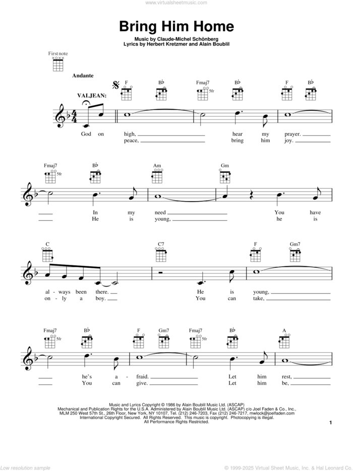 Bring Him Home sheet music for ukulele by Claude-Michel Schonberg, Alain Boublil and Les Miserables (Movie), intermediate skill level