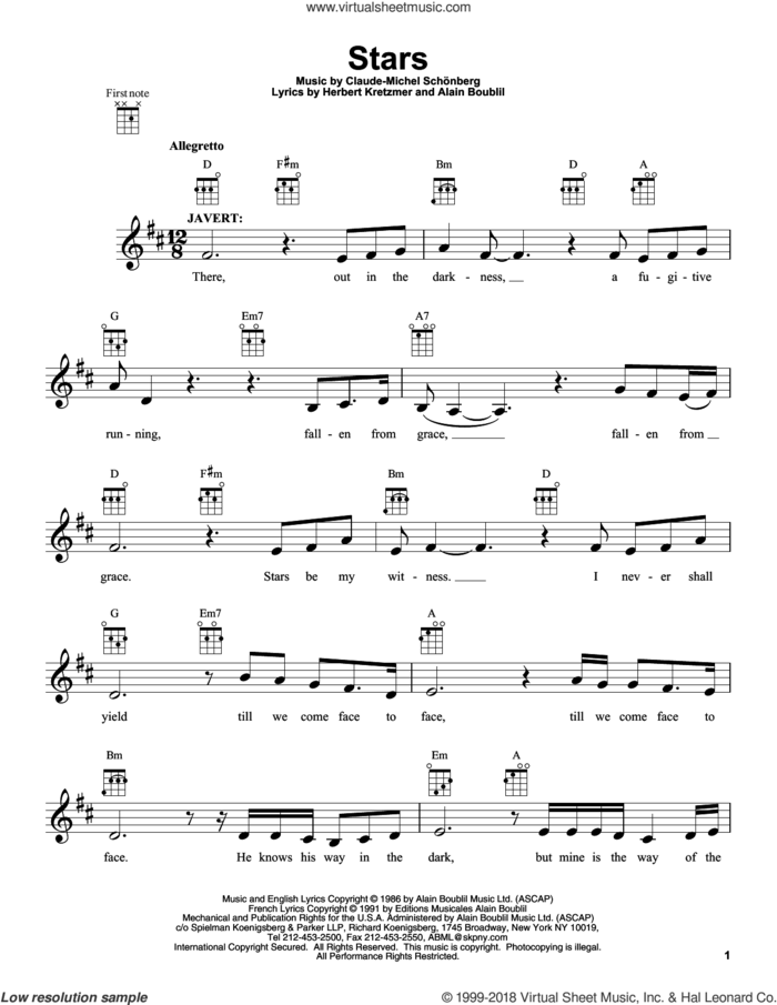Stars sheet music for ukulele by Claude-Michel Schonberg, Alain Boublil and Les Miserables (Movie), intermediate skill level