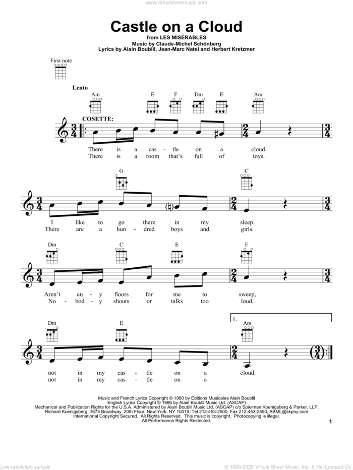 Castle On A Cloud sheet music for ukulele by Les Miserables (Movie), Alain Boublil and Claude-Michel Schonberg, intermediate skill level