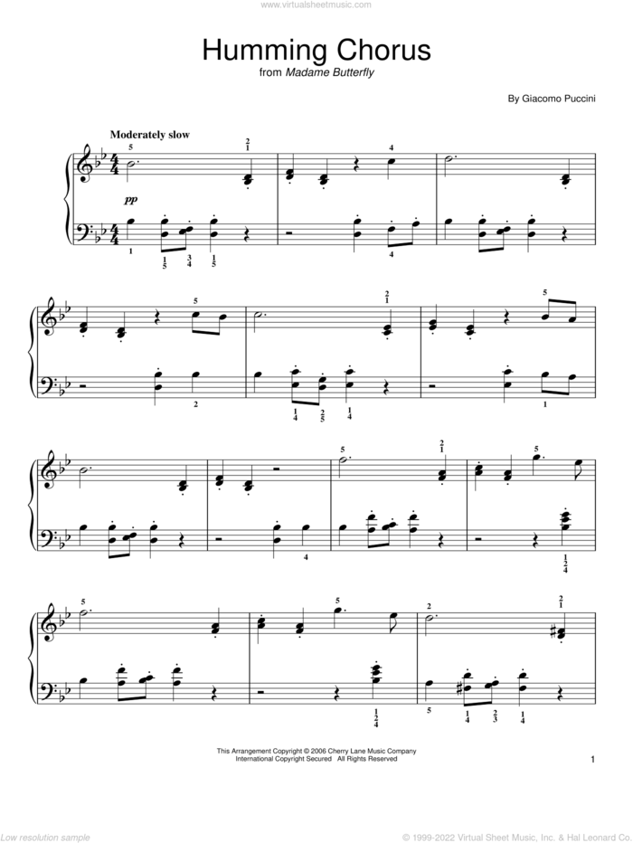 Humming Chorus (Butterfly) sheet music for piano solo by Giacomo Puccini, classical score, easy skill level