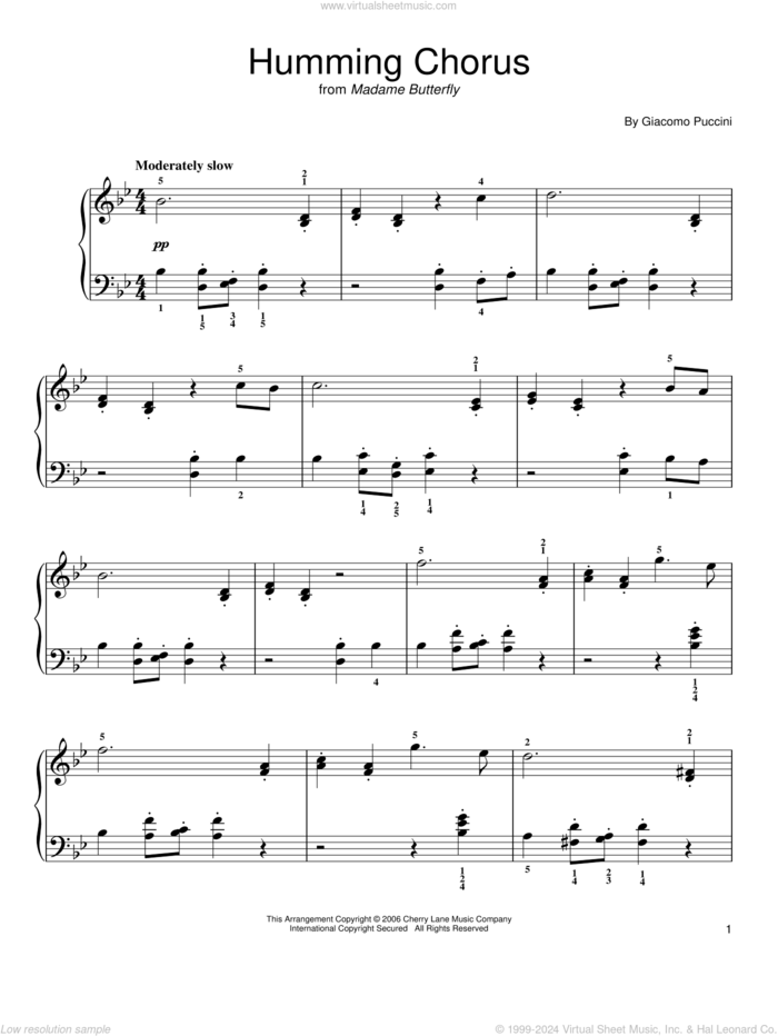 Humming Chorus (Butterfly) sheet music for piano solo by Giacomo Puccini, classical score, easy skill level