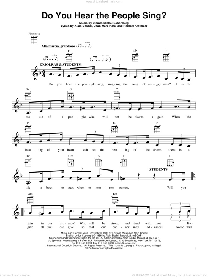 Do You Hear The People Sing? sheet music for ukulele by Claude-Michel Schonberg, Alain Boublil and Les Miserables (Movie), intermediate skill level