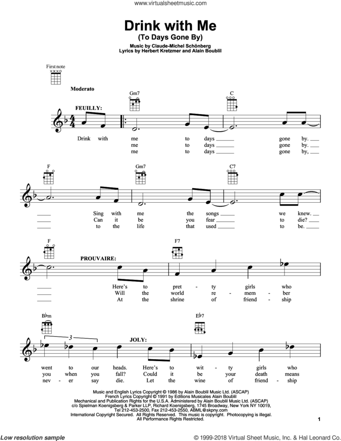 Drink With Me (To Days Gone By) sheet music for ukulele by Claude-Michel Schonberg, Alain Boublil and Les Miserables (Movie), intermediate skill level