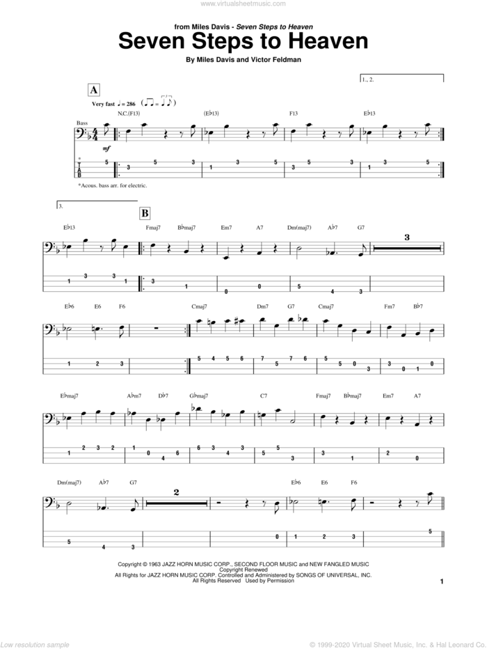 Seven Steps To Heaven sheet music for bass (tablature) (bass guitar) by Miles Davis and Victor Feldman, intermediate skill level