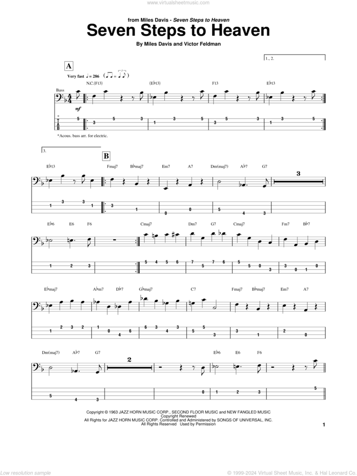 Seven Steps To Heaven sheet music for bass (tablature) (bass guitar) by Miles Davis and Victor Feldman, intermediate skill level