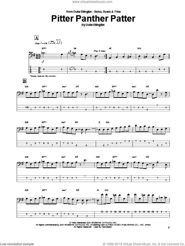 Pitter Panther Patter sheet music for bass (tablature) (bass guitar) by Duke Ellington, intermediate skill level