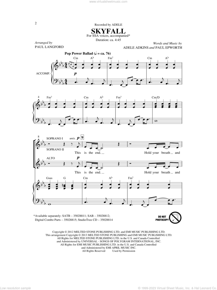 Skyfall (arr. Paul Langford) sheet music for choir (SSA: soprano, alto) by Adele, Paul Epworth and Paul Langford, intermediate skill level