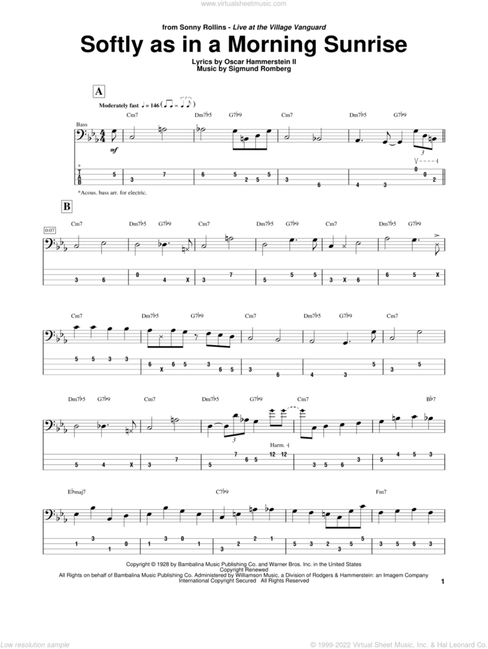 Softly As In A Morning Sunrise sheet music for bass (tablature) (bass guitar) by Oscar II Hammerstein and Sigmund Romberg, intermediate skill level
