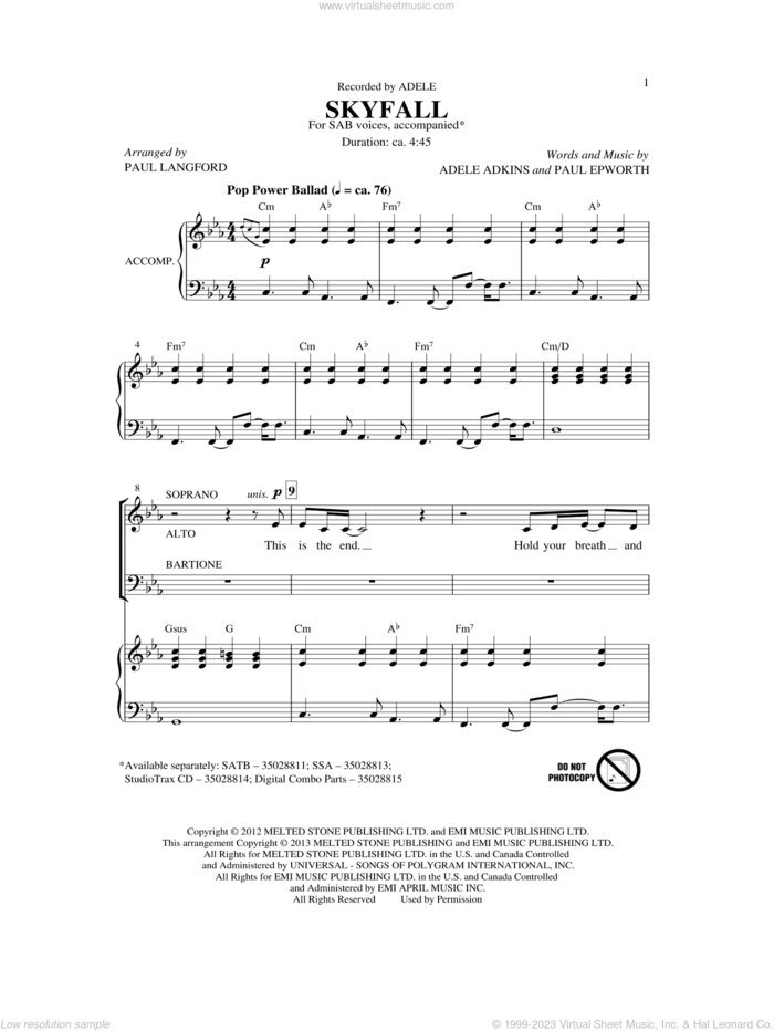 Skyfall (arr. Paul Langford) sheet music for choir (SAB: soprano, alto, bass) by Adele, Paul Epworth and Paul Langford, intermediate skill level