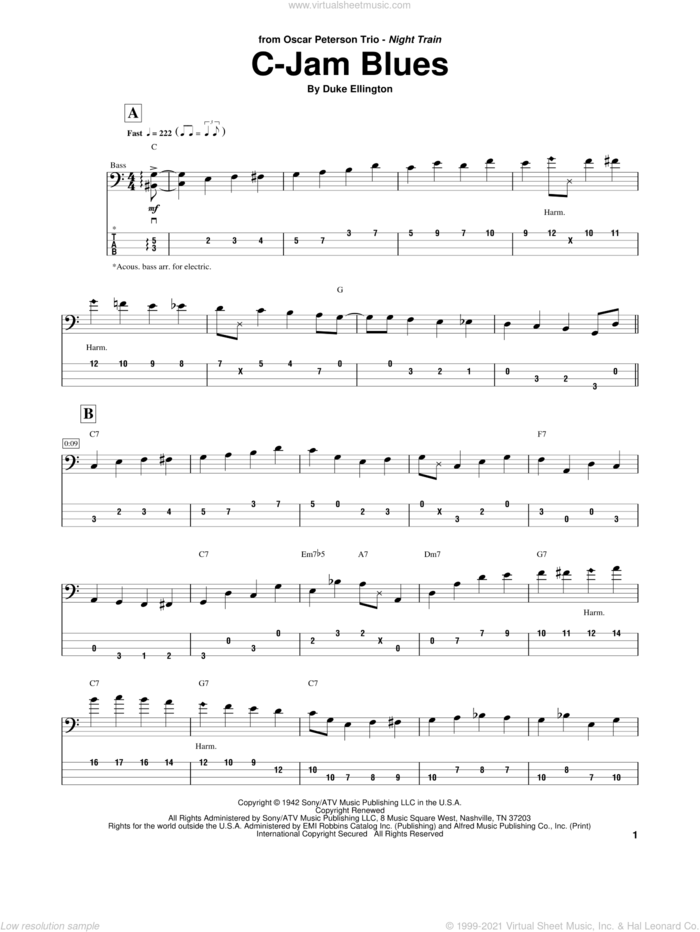 C-Jam Blues sheet music for bass (tablature) (bass guitar) by Duke Ellington, intermediate skill level