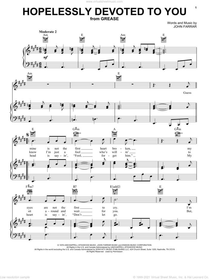 Hopelessly Devoted To You (from Grease) sheet music for voice, piano or guitar by Olivia Newton-John and John Farrar, intermediate skill level