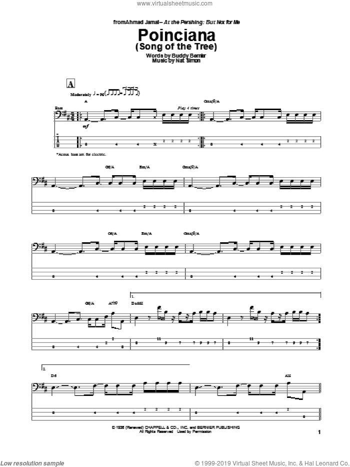 Poinciana (Song Of The Tree) sheet music for bass (tablature) (bass guitar) by Nat Simon and Buddy Bernier, intermediate skill level