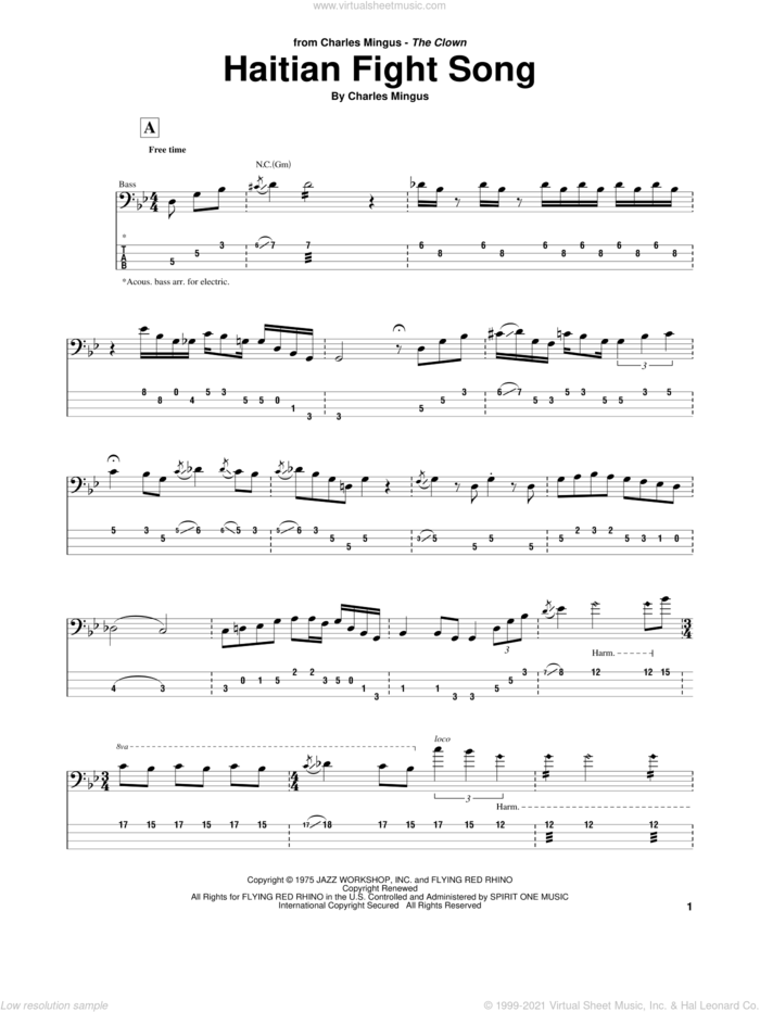 Haitian Fight Song sheet music for bass (tablature) (bass guitar) by Charles Mingus, intermediate skill level