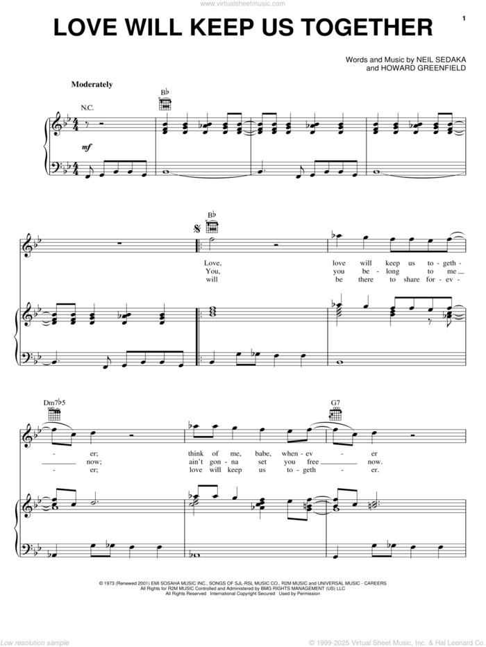 Love Will Keep Us Together sheet music for voice, piano or guitar by Captain & Tennille, Howard Greenfield and Neil Sedaka, wedding score, intermediate skill level