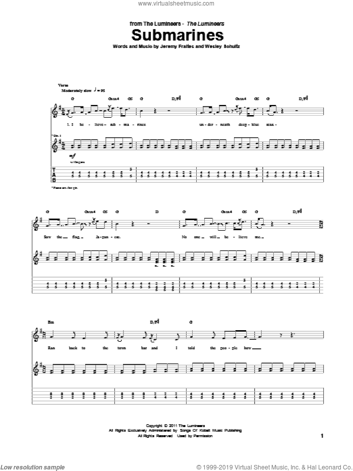 Submarines sheet music for guitar (tablature) by The Lumineers, intermediate skill level