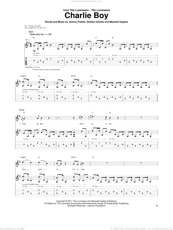 Charlie Boy sheet music for guitar (tablature) by The Lumineers, intermediate skill level
