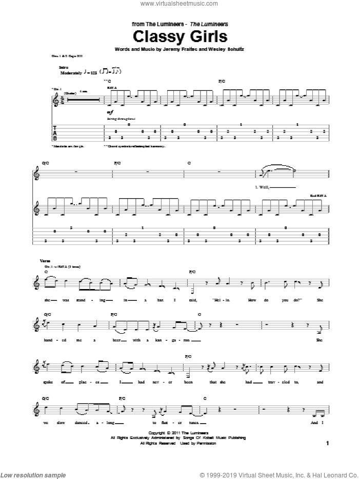 Classy Girls sheet music for guitar (tablature) by The Lumineers, intermediate skill level