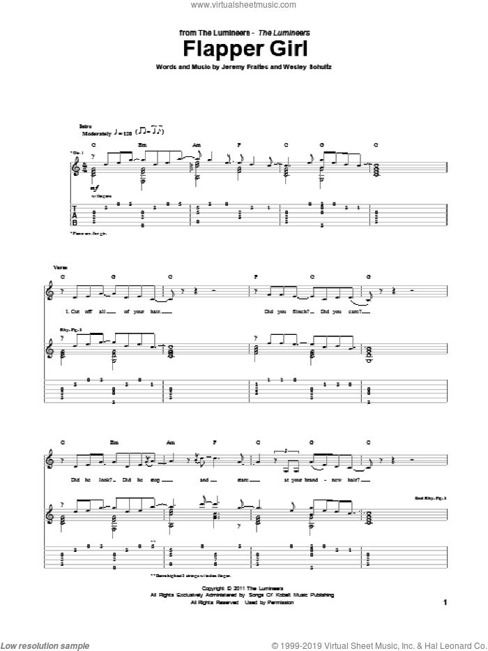 Flapper Girl sheet music for guitar (tablature) by The Lumineers, intermediate skill level