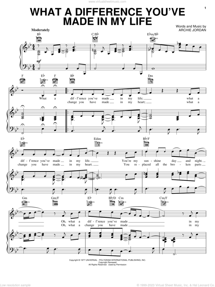 What A Difference You've Made In My Life sheet music for voice, piano or guitar by Ronnie Milsap and Archie Jordan, wedding score, intermediate skill level