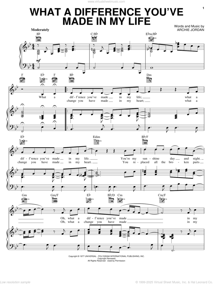 What A Difference You've Made In My Life sheet music for voice, piano or guitar by Ronnie Milsap and Archie Jordan, wedding score, intermediate skill level