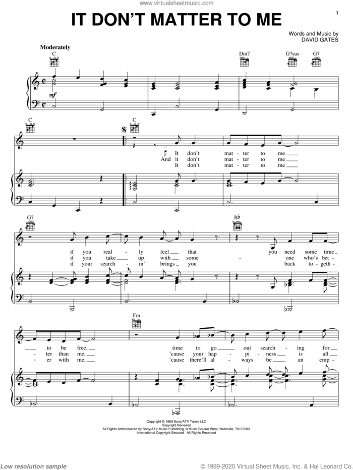 It Don't Matter To Me sheet music for voice, piano or guitar by Bread and David Gates, intermediate skill level