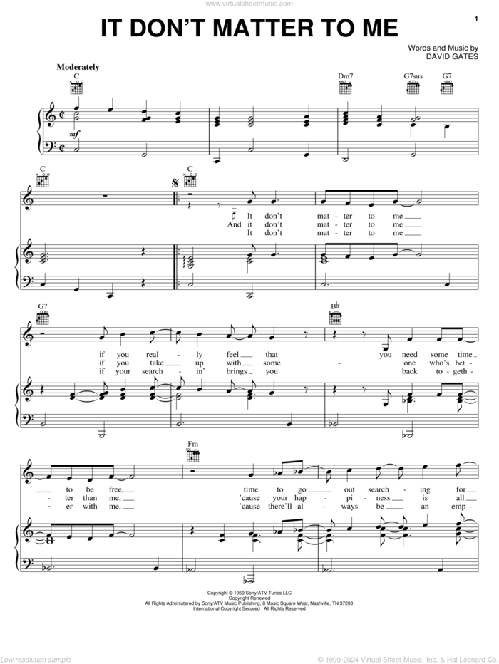 It Don't Matter To Me sheet music for voice, piano or guitar by Bread and David Gates, intermediate skill level