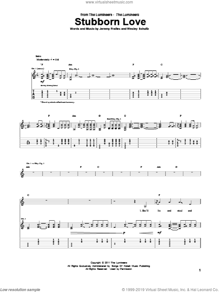 Stubborn Love sheet music for guitar (tablature) by The Lumineers, intermediate skill level