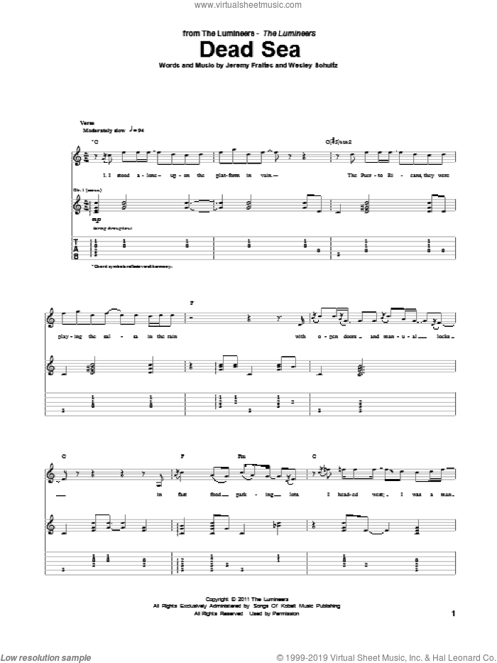 Dead Sea sheet music for guitar (tablature) by The Lumineers, intermediate skill level