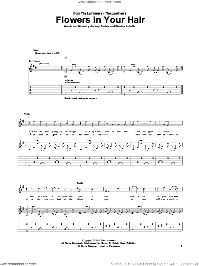 Flowers In Your Hair sheet music for guitar (tablature) by The Lumineers, intermediate skill level