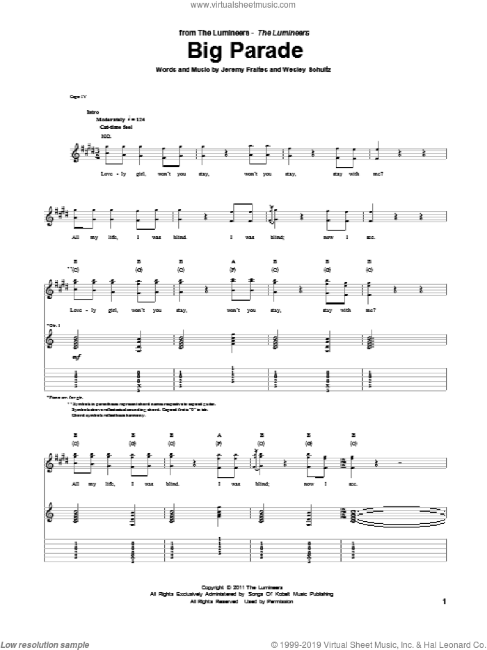 Big Parade sheet music for guitar (tablature) by The Lumineers, intermediate skill level