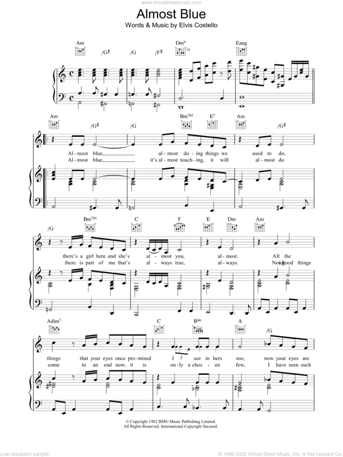 Almost Blue sheet music for voice, piano or guitar by Elvis Costello, intermediate skill level