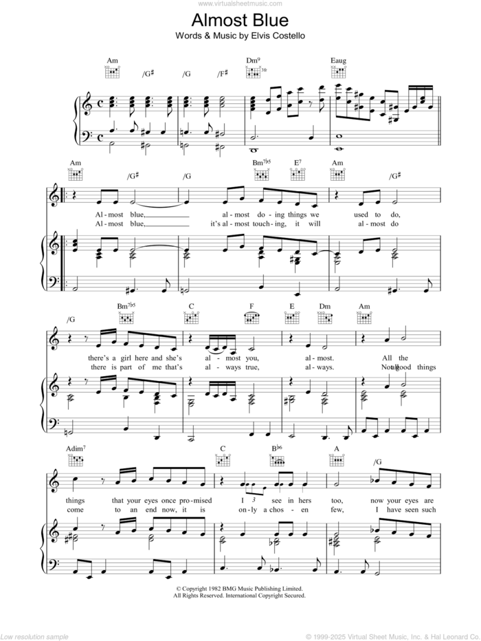 Almost Blue sheet music for voice, piano or guitar by Elvis Costello, intermediate skill level