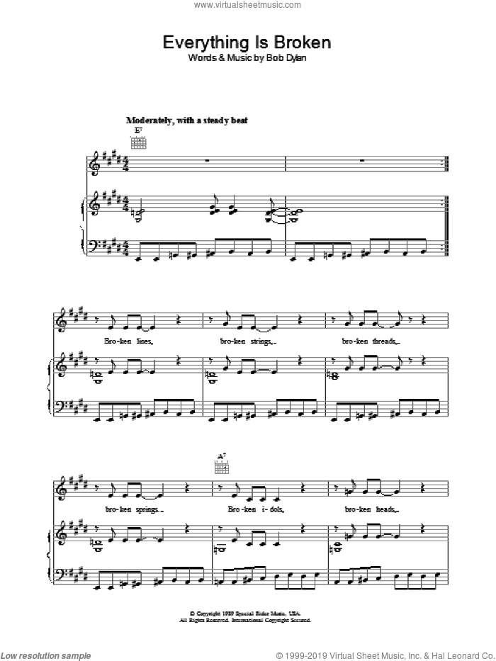 Everything Is Broken sheet music for voice, piano or guitar by Bob Dylan, intermediate skill level