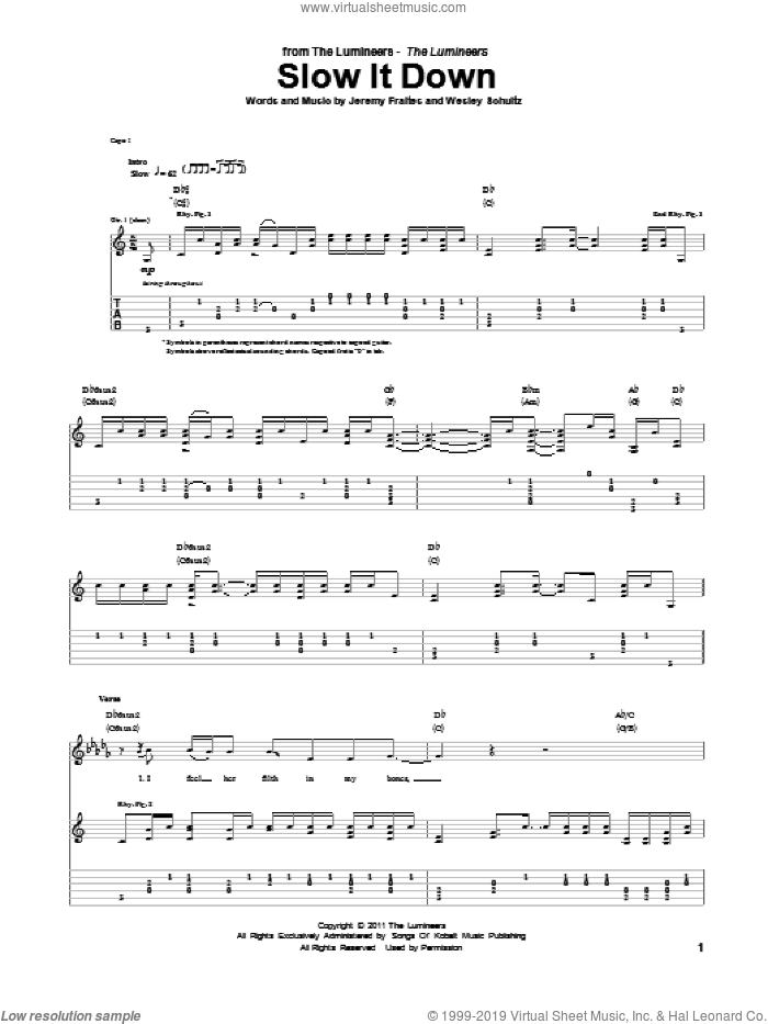 Slow It Down sheet music for guitar (tablature) by The Lumineers, intermediate skill level