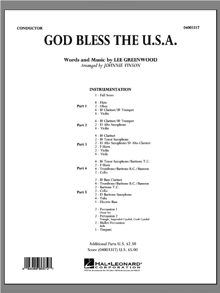 God Bless The U.S.A. (COMPLETE) sheet music for concert band by Johnnie Vinson and Lee Greenwood, intermediate skill level