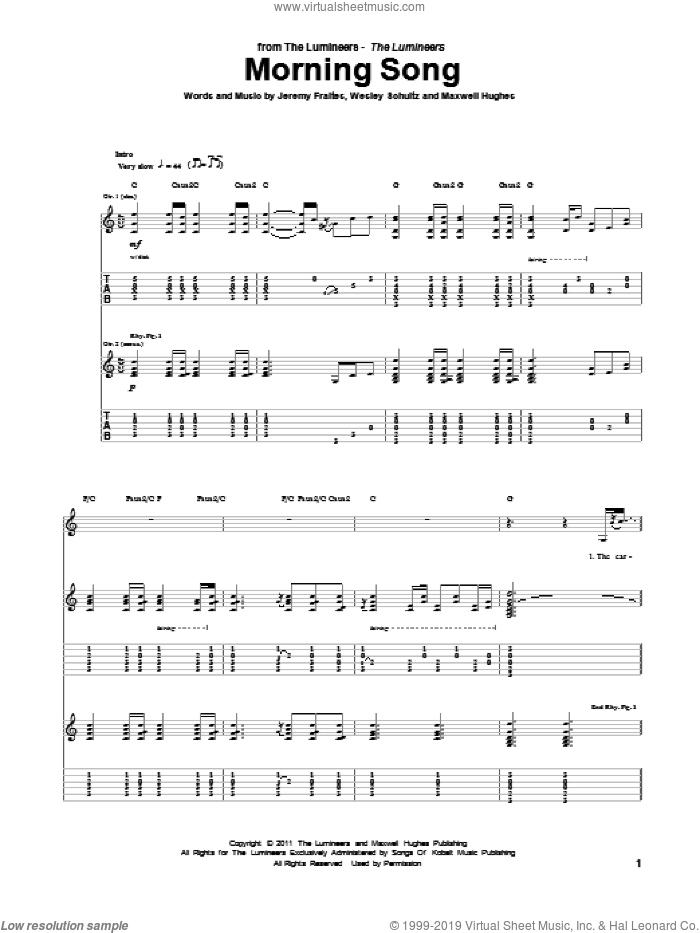 Morning Song sheet music for guitar (tablature) by The Lumineers, intermediate skill level