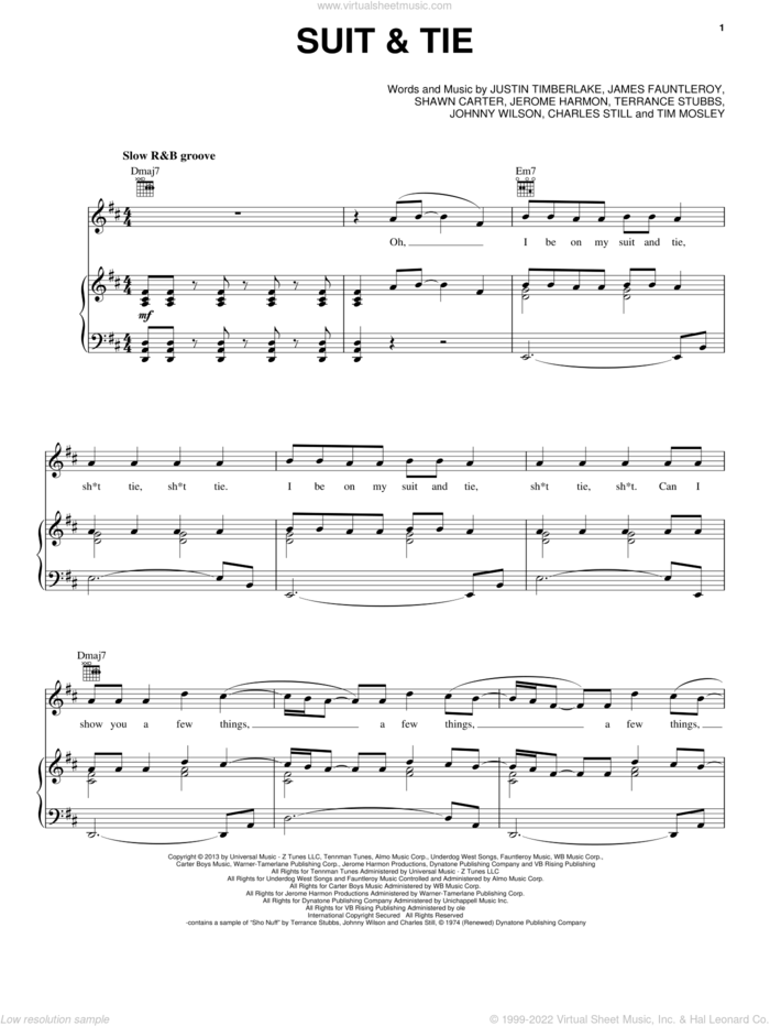 Suit and Tie sheet music for voice, piano or guitar by Justin Timberlake, intermediate skill level