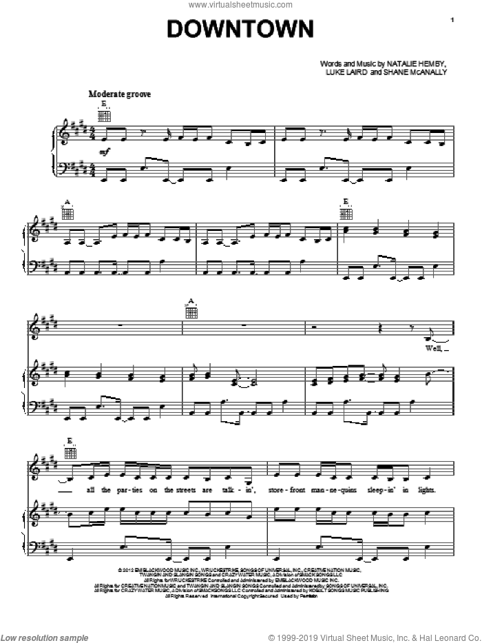 Downtown sheet music for voice, piano or guitar by Lady Antebellum and Lady A, intermediate skill level