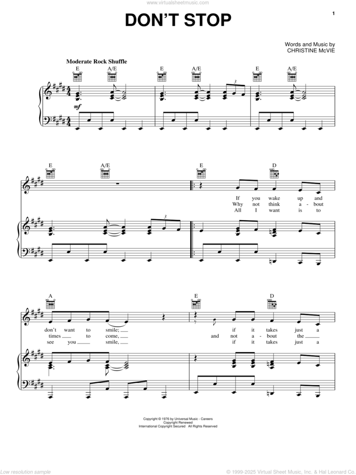 Don't Stop sheet music for voice, piano or guitar by Fleetwood Mac, intermediate skill level