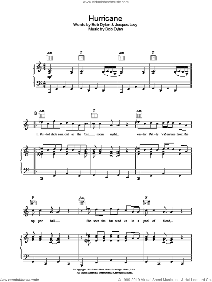 Hurricane sheet music for voice, piano or guitar by Bob Dylan and Jacques Levy, intermediate skill level