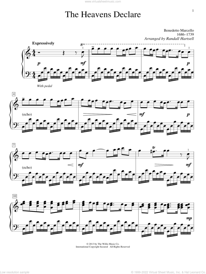 The Heavens Declare sheet music for piano solo by Randall Hartsell and Benedetto Marcello, wedding score, intermediate skill level