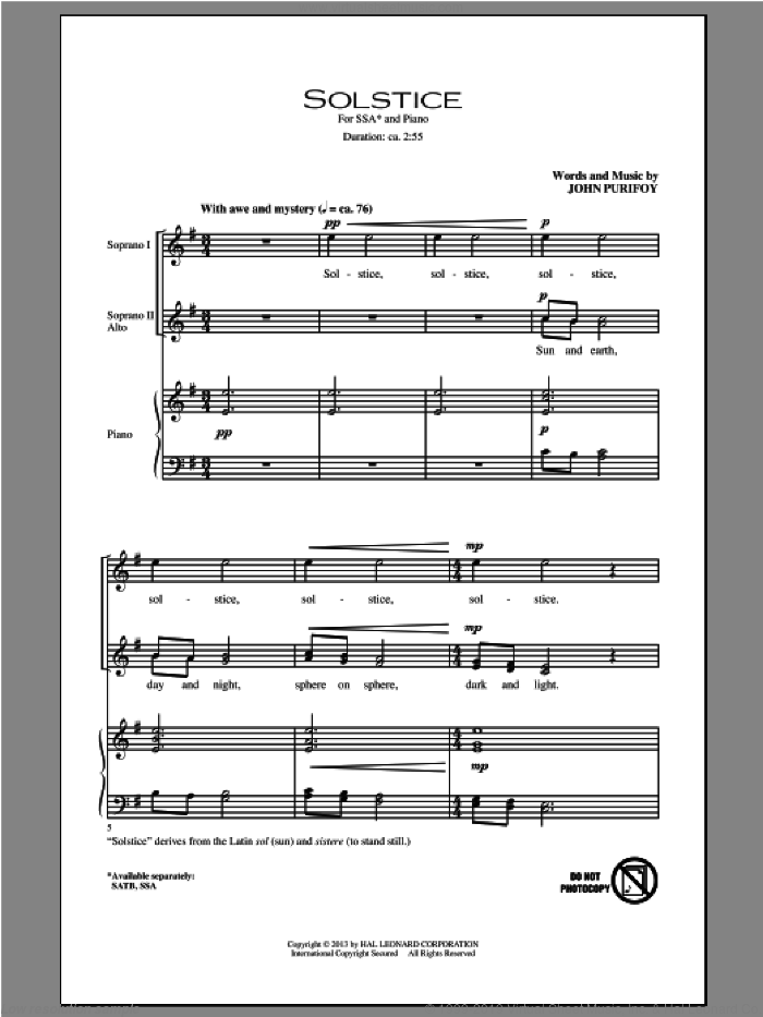 Solstice sheet music for choir (SSA: soprano, alto) by John Purifoy, intermediate skill level